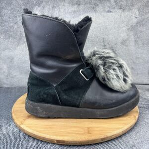 UGG Boots Womens Size 10 Black Pom Pom Shearling Leather Suede Winter 1018605